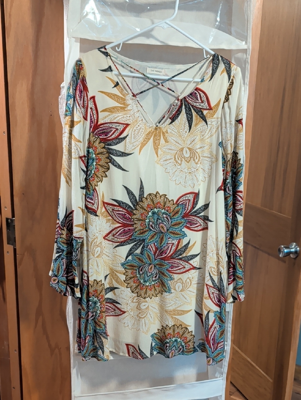 Boho Floral Crisscross V-Neck Tunic - Cream with Teal & Rust